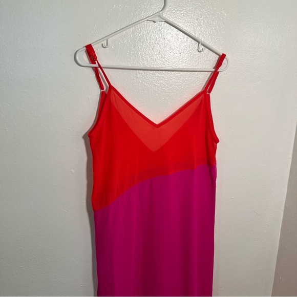 Sleeveless Sheer Maxi Dress Cover Up Pink Orange Colorblock - Picture 3 of 8